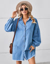 Button Up Pocketed Raw Hem Denim Dress