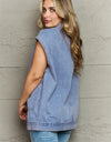 Collared Neck Sleeveless Denim Top with Pockets