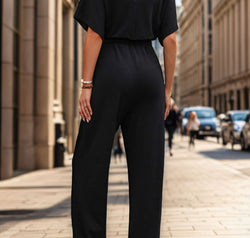 Perfee Notched Half Sleeve Straight Jumpsuit
