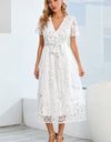 Sequin Leaf Embroidery Tie Front Short Sleeve Dress