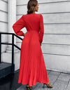 V-Neck Tie Waist Pleated Maxi Dress