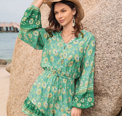 Printed Ruffled Balloon Sleeve Romper