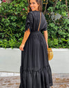 Plunge Neck Tie Sleeve Maxi Dress