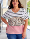 Plus Size Striped Leopard Round Neck Half Sleeve T-Shirt