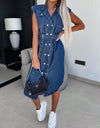 Collared Neck Cap Sleeve Denim Dress