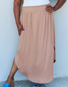 Doublju Comfort Princess Full Size High Waist Scoop Hem Maxi Skirt in Tan