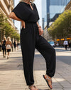 Perfee Notched Half Sleeve Straight Jumpsuit