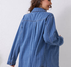 Pocketed Striped Button Up Denim Shirt
