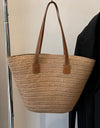 PU Leather Handle Straw Tote Bag