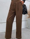 Button-Fly Pleated Waist Wide Leg Pants with Pockets