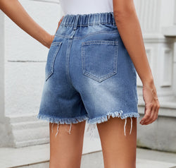 Distressed Raw Hem Asymmetric Waist Denim Shorts