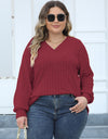 Plus Size Ribbed V-Neck Long Sleeve Top