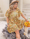 Plus Size Printed Tie Neck Short Sleeve Mini Dress