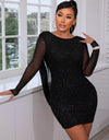 Glitter Rhinestone Chain Detail Mesh Sleeve Bodycon Dress