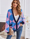 Geometric Lantern Sleeve Cardigan with Pockets