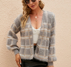 Open Front Plaid Long Sleeve Cardigan