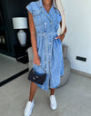 Collared Neck Cap Sleeve Denim Dress