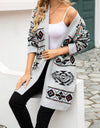 Pocketed Geometric Open Front Dropped Shoulder Cardigan