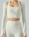 Ribbed Faux Layered Halter Neck Cropped Sports Top