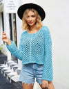 Round Neck Openwork Dropped Shoulder Knit Top