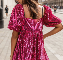 Sequin Square Neck Balloon Sleeve Romper