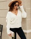 Woven Right Puff Sleeve V-Neck Fuzzy Cardigan