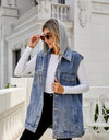 Drawstring Pocketed Button Up Sleeveless Denim Jacket