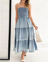 Slit Smocked Tube Tiered Denim Dress