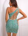 Sequin Lace-Up One-Shoulder Bodycon Dress