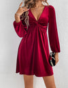 Twisted V-Neck Balloon Sleeve Mini Dress