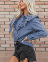 Ruffled Round Neck Long Sleeve Denim Top