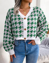 Houndstooth V-Neck Dropped Shoulder Cropped Cardigan