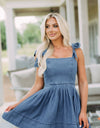 Square Neck Tie Shoulder Denim Dress