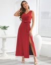 Slit Surplice Tie Waist Sleeveless Dress