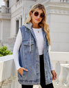 Drawstring Pocketed Button Up Sleeveless Denim Jacket