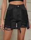 Fringe Trim Distressed Denim Shorts with Pockets