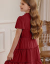 Girls Frilled Notched Neck Puff Sleeve Dress