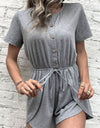 Perfee Buttoned Drawstring Round Neck Romper