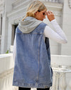 Drawstring Hooded Sleeveless Denim Top with Pockets