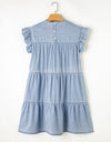 Ruffled Round Neck Cap Sleeve Denim Dress