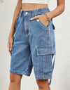 Buttoned Elastic Waist Denim Shorts with Pockets