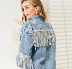 Fringe Detail Long Sleeve Denim Jacket