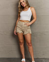 RISEN Katie Full Size High Waisted Distressed Shorts in Sand