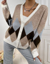 Geometric Button-Up V-Neck Dropped Shoulder Cardigan