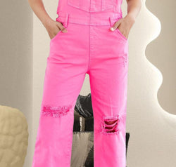 Distressed Pocketed Wide Strap Denim Overalls