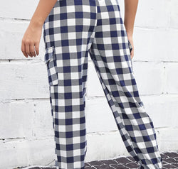 Plaid Elastic High Waist Cargo Pants