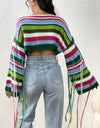 Fringe Striped Round Neck Knit Top