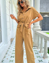 Shiny Tie Belt Buttoned Short Sleeve Collared Neck Jumpsuit