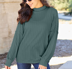 Basic Bae Full Size Ribbed Exposed Seam Mock Neck Knit Top