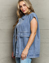 Collared Neck Sleeveless Denim Top with Pockets